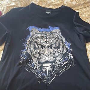 Just Cavalli Black T-Shirt with Blue Tiger Graphic